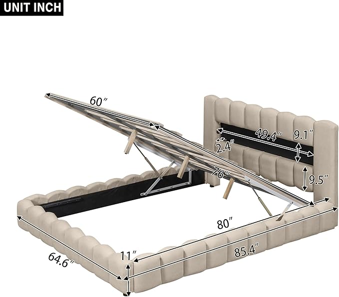 Queen Size Upholstered Platform Bed with Large Underneath Storage and LED Headboard, Platform Bed Frame with USB Charger for Bedroom Guest Room,No Box Spring Needed - LeafyLoom