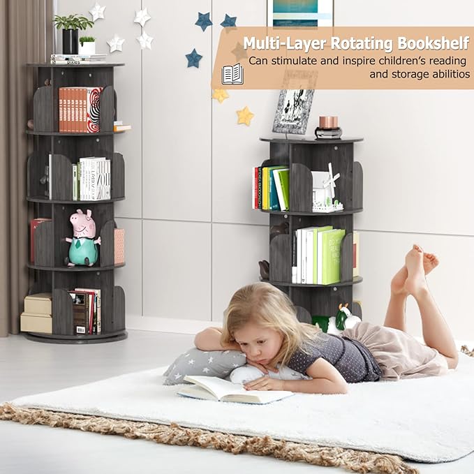 Rotating Bookshelf, Rotating Bookshelf Tower for Small Space, 360 Display 4 Tier Floor Standing Storage Rack, Wood Narrow Book Shelf for Bedroom, Living Room - LeafyLoom