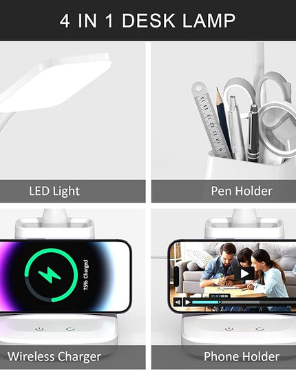 LED Desk Lamp with Wireless Charger for Home Office, Small with Pen Holder, 800LM,3 Color Modes,Gooseneck, Eye-Caring White Desk Lamps for Home College Dorm Room - LeafyLoom