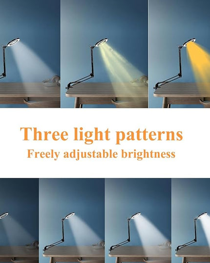 Desk Lamp with Magnifier and 3 Color Modes, 8X Magnification Table Lamp with Flexible Gooseneck and 3 Brightness Levels for Reading, Studying and Crafting - LeafyLoom