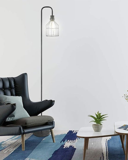 Industrial Frosted Black Floor Lamp with Cage Lampshade,On-Off Switch,Modern Indoor Pole Light for Bedroom,Living Room,Study Room or Offices (Black) - LeafyLoom