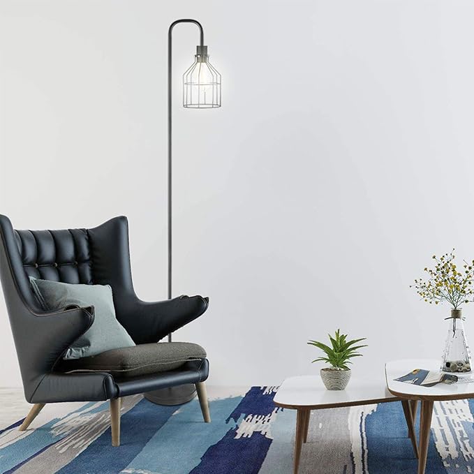 Industrial Frosted Black Floor Lamp with Cage Lampshade,On-Off Switch,Modern Indoor Pole Light for Bedroom,Living Room,Study Room or Offices (Black) - LeafyLoom