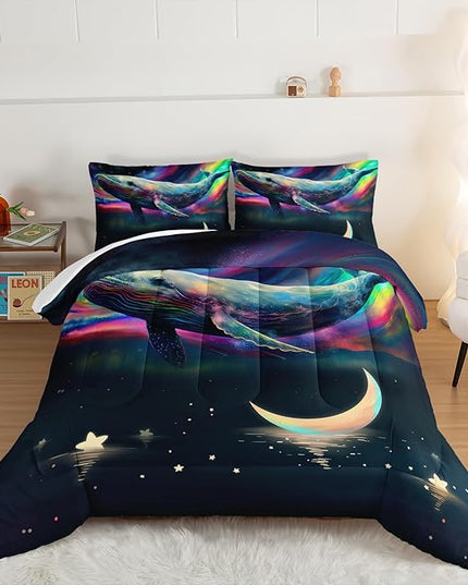 HOSIMA 3D Whale Galaxy Bedding Comforter Sets,Stars Moon Comforter Starry Room Decor Aesthetics,Ocean Theme Marine Life Whale Comforter with 2 Pillowcases Full Size Bed in a Bag Set for Adults Kids. - LeafyLoom