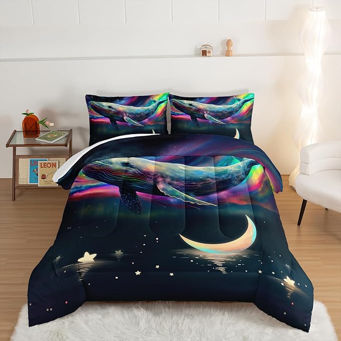 HOSIMA 3D Whale Galaxy Bedding Comforter Sets,Stars Moon Comforter Starry Room Decor Aesthetics,Ocean Theme Marine Life Whale Comforter with 2 Pillowcases Full Size Bed in a Bag Set for Adults Kids. - LeafyLoom