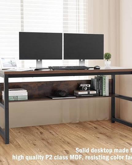 TOPSKY Computer Desk with Bookshelf/Metal Hole Cable Cover 1.18" Thick Desk (Rustic Brown, 63") - LeafyLoom