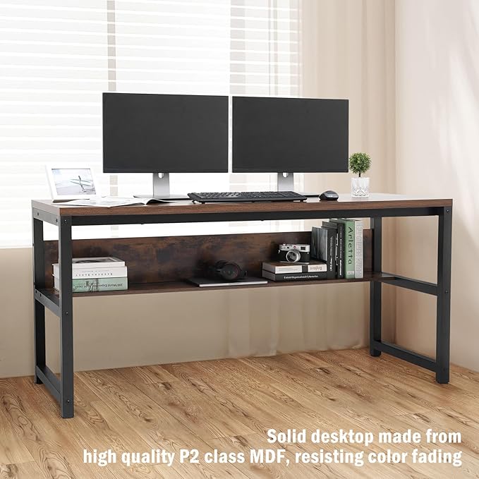 TOPSKY Computer Desk with Bookshelf/Metal Hole Cable Cover 1.18" Thick Desk (Rustic Brown, 63") - LeafyLoom