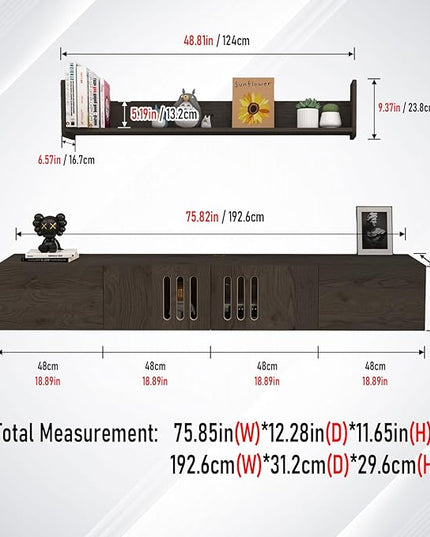 Pmnianhua Floating TV Stand,76'' Wall Mounted TV Cabinet, Mid Century TV Bench Under TV Entertainment Center Shelf TV Console Table with 4 Cabinets for Living Room Bedroom (Dark Grey) - LeafyLoom