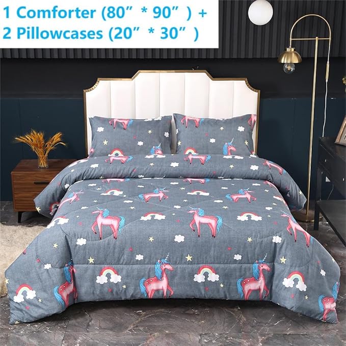 3PCS Gray Unicorn Comforter Set Full, Bed in a Bag Full Unicorn Bedding Set, Lightweight and Fade Resistant, Cute Room Decor for Boys Girls Toddler Kids and Teens, Full - LeafyLoom