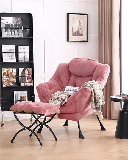 LITA Lazy Chair with Ottoman, Modern Accent Leisure Upholstered Sofa Chair, Lounge Reading Chair with Armrests and a Side Pocket for Living Room, Bedroom & Small Space, Plush Dark Pink - LeafyLoom