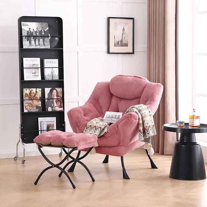 LITA Lazy Chair with Ottoman, Modern Accent Leisure Upholstered Sofa Chair, Lounge Reading Chair with Armrests and a Side Pocket for Living Room, Bedroom & Small Space, Plush Dark Pink - LeafyLoom