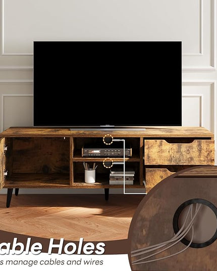 Maxtown TV Stands for Living Room, TV Console Table for 55 Inch TV, Entertainment Center with 1 Cabinet, 2 drawers, Media Console with Metal Feet for Bedroom, Living Room, Rustic Brown - LeafyLoom