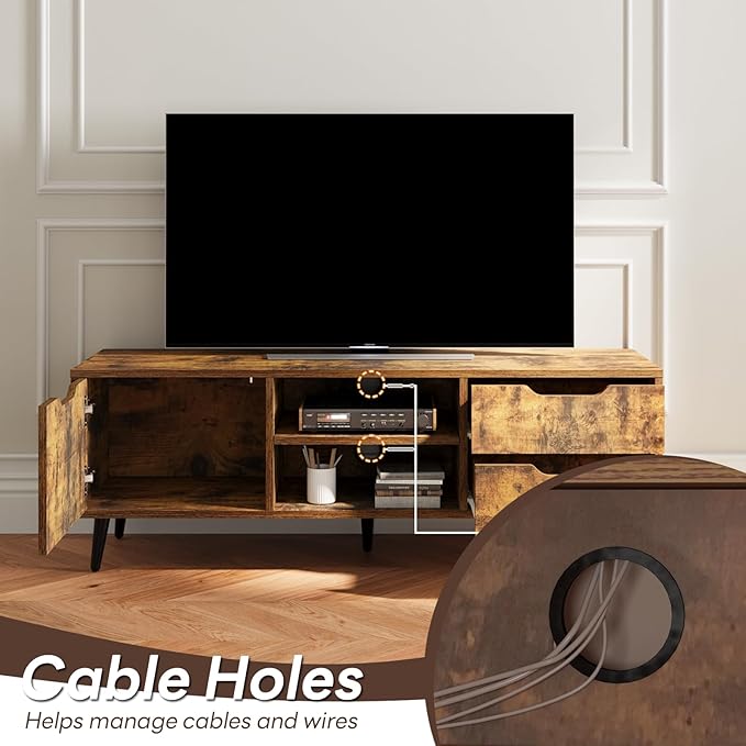 Maxtown TV Stands for Living Room, TV Console Table for 55 Inch TV, Entertainment Center with 1 Cabinet, 2 drawers, Media Console with Metal Feet for Bedroom, Living Room, Rustic Brown - LeafyLoom