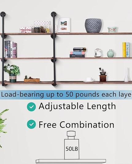 Pynsseu Industrial Iron Pipe Shelving Brackets Unit, Farmhouse Wall Mounted Pipe Shelves for Kitchen Bathroom, DIY Bookshelf Living Room Storage, 3Pack of 4 Tier - LeafyLoom