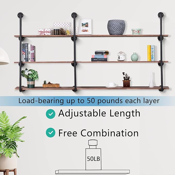 Pynsseu Industrial Iron Pipe Shelving Brackets Unit, Farmhouse Wall Mounted Pipe Shelves for Kitchen Bathroom, DIY Bookshelf Living Room Storage, 3Pack of 4 Tier - LeafyLoom