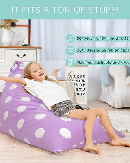 Aubliss Stuffed Animal Storage Bean Bag Chairs Cover, 50"x 35" Extra Large Bean Bags Chair for Kids & Adults, Beanbag Toy Storage for Boys Girls - Premium Cotton Canvas Purple Dot - LeafyLoom
