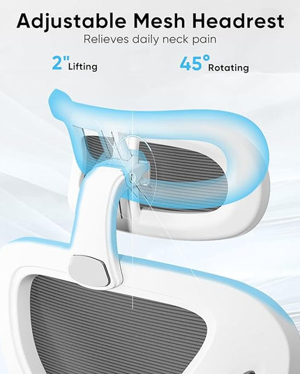 Sytas Ergonomic Office Chair, High Back Mesh Desk Chair with Lumbar Support and Adjustable Headrest, Executive Swivel Computer Chair for Home Office, Tilt Function, White - LeafyLoom