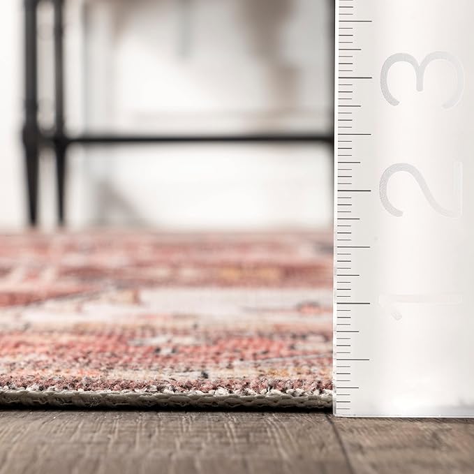 nuLOOM Emmy Faded Persian Machine Washable Ultra Thin Area Rug, 4' x 6', Red - LeafyLoom