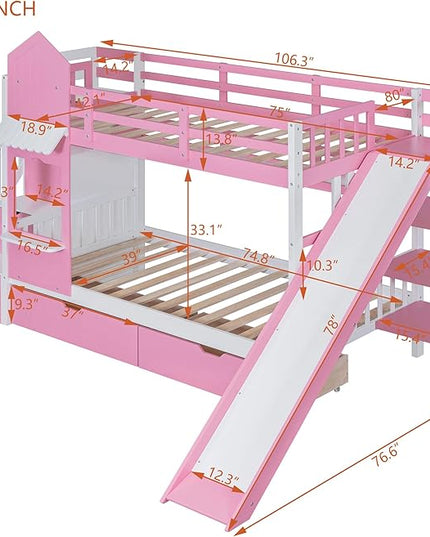 Twin Over Twin Castle Bunk Bed with Slide, Stairs Storage, Drawers and Shelves, Multifunctional Wood Bunkbeds w/Staircase, for Kids/Teens/Boys/Girls Bedroom, Pink - LeafyLoom