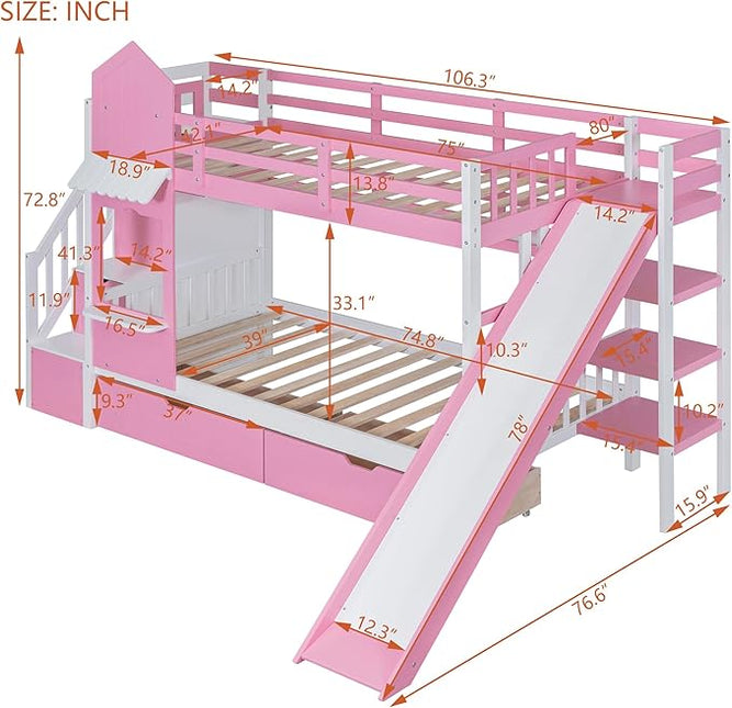 Twin Over Twin Castle Bunk Bed with Slide, Stairs Storage, Drawers and Shelves, Multifunctional Wood Bunkbeds w/Staircase, for Kids/Teens/Boys/Girls Bedroom, Pink - LeafyLoom
