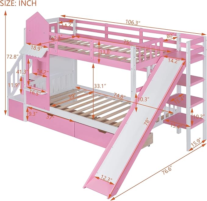 Twin Over Twin Castle Bunk Bed with Slide, Stairs Storage, Drawers and Shelves, Multifunctional Wood Bunkbeds w/Staircase, for Kids/Teens/Boys/Girls Bedroom, Pink - LeafyLoom