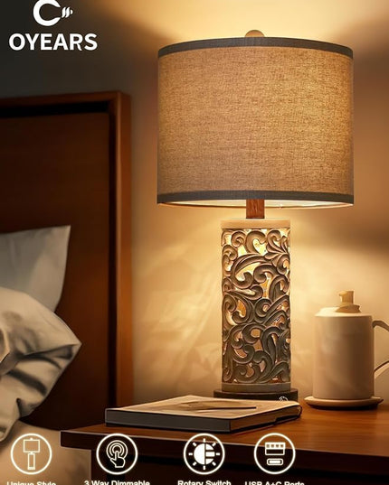 OYEARS 3-Way Dimmable 22'' USB A+C Touch Control Table Lamp Set of 2 with Nightlight for Living Room Bedroom Farmhouse Bedside Nightstand Lamps (Brown, Bulb Included) - LeafyLoom