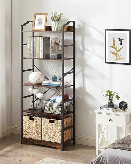 Vagusicc 5 Tier Bookshelf with 2 Storage Baskets, Tall Bookcase Shelf Storage Organizer Wood Book Shelf, Modern Shelf Rack Shelves with Steel Frame, Multipurpose Bookshelf for Bedroom Living Room - LeafyLoom