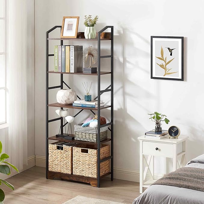 Vagusicc 5 Tier Bookshelf with 2 Storage Baskets, Tall Bookcase Shelf Storage Organizer Wood Book Shelf, Modern Shelf Rack Shelves with Steel Frame, Multipurpose Bookshelf for Bedroom Living Room - LeafyLoom