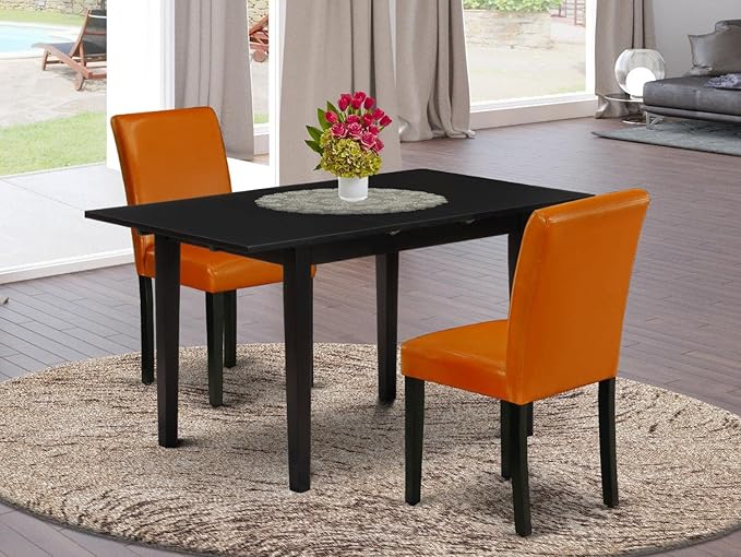 East West Furniture Norfolk 3 Piece Set Contains a Rectangle Dining Room Table with Butterfly Leaf and 2 Baked Bean Faux Leather Parson Chairs, 32x54 Inch, NOAB3-BLK-61 - LeafyLoom