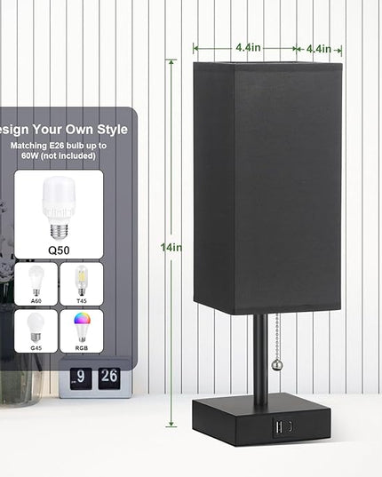 aooshine Table Lamps Set of 2 - Black, USB A and USB C Charging, Pull Chain Control, Bulb NOT Included, Small - LeafyLoom