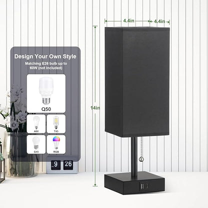 aooshine Table Lamps Set of 2 - Black, USB A and USB C Charging, Pull Chain Control, Bulb NOT Included, Small - LeafyLoom