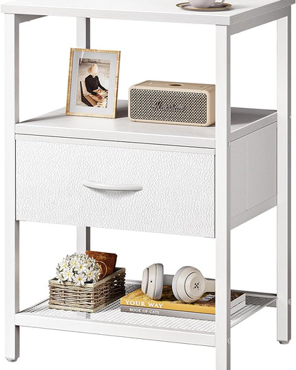 Night Stand with Fabric Drawer, Side Table with Mesh Shelf, Bedroom Nightstand, Fabric Drawer Dresser, Open Shelf, Metal Frame, Couch Side, White - LeafyLoom