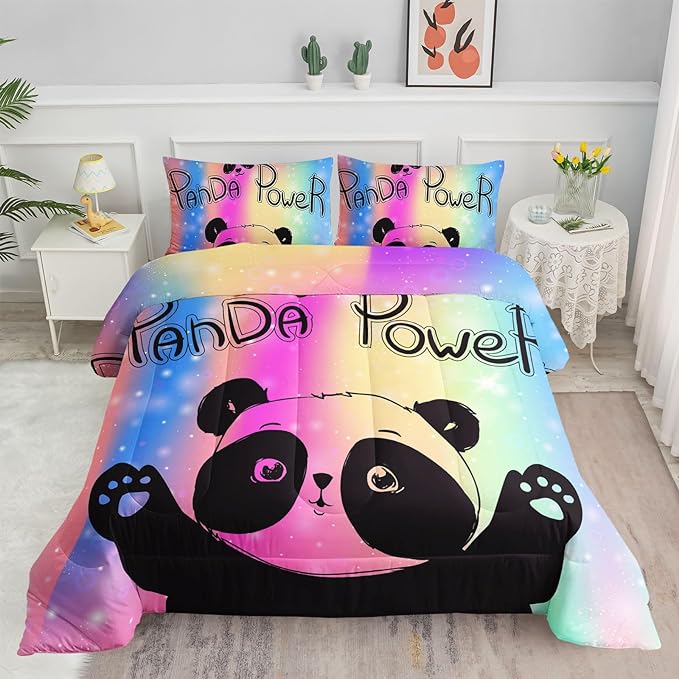 Datura home Bedding Comforter Set Rainbow Kawaii Cute Panda Printed Pattern with 1 and 2 Pillowcases for Girls Bedroom All Season(Panda Twin) Twin 68x86inches - LeafyLoom
