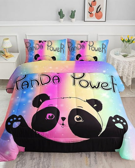 Datura home Bedding Comforter Set Rainbow Kawaii Cute Panda Printed Pattern with 1 and 2 Pillowcases for Girls Bedroom All Season(Panda Queen) Queen 90x90inches - LeafyLoom