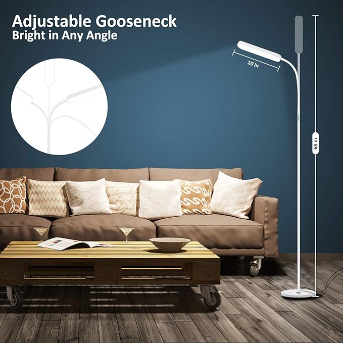 Floor Lamp, 15w/1000lm Bright LED Floor Lamp with Stepless Adjustable 3000K-6000K Colors and Dimmer, Remote and Touch Control Reading Lamp, Adjustable Gooseneck Floor Lamp for Living Room - LeafyLoom