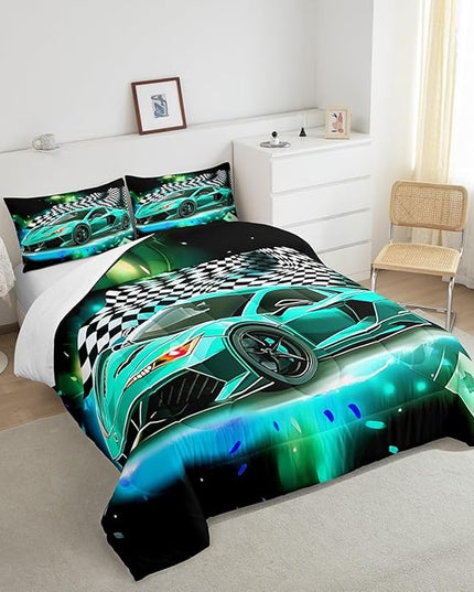 Teal Race Car Comforter Set Queen Size, Black White Lattice Bedding Set 2pcs for Kids Boys Teens Room Decor,Extreme Sport Games Quilt Set,Cool Modern Duvet Insert with 2 Pillowcases - LeafyLoom