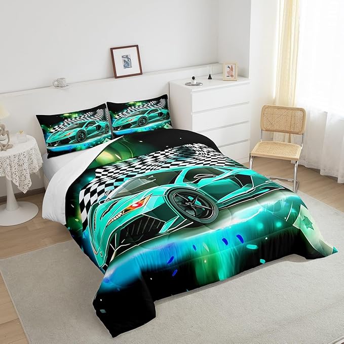 Teal Race Car Comforter Set Queen Size, Black White Lattice Bedding Set 2pcs for Kids Boys Teens Room Decor,Extreme Sport Games Quilt Set,Cool Modern Duvet Insert with 2 Pillowcases - LeafyLoom