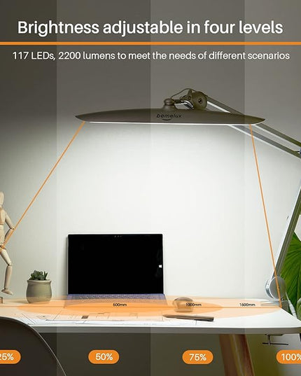 LED Desk Lamp with Clamp, Dimming Task Lamp for Reading Desktop Office Workbench Table Architect Sewing Study Home Craft, Bright 117PCS LEDs, 2200 Lumens 20 Inch Metal Swivel Arm Work Lamp - LeafyLoom