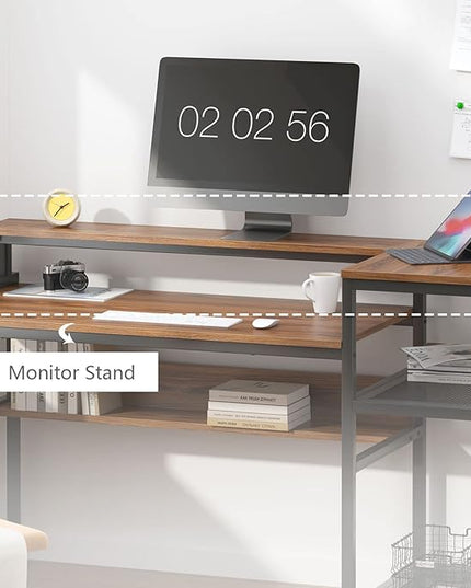 soges 62 Inch Computer Desk with Elevated Monitor Shelf, Home Office Desk with Storage Shelves, CPU Stand, Study Writing Table Workstation with Printer Stand - LeafyLoom