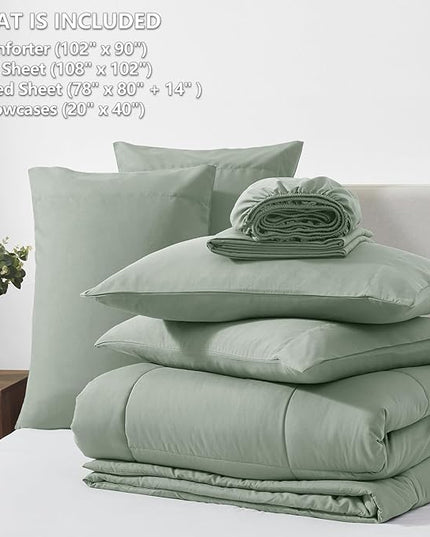 CozyLux King Size Comforter Sets - 7 Pieces Bed in a Bag Set Sage Green, Bedding Sets King with All Season Quilted Comforter, Flat Sheet, Fitted Sheet, Pillowcases, Sage Green, King - LeafyLoom