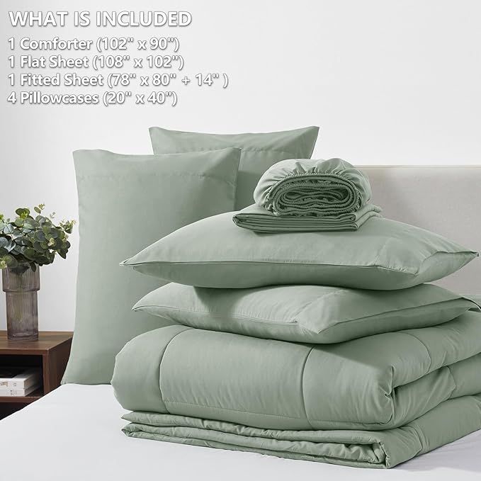 CozyLux King Size Comforter Sets - 7 Pieces Bed in a Bag Set Sage Green, Bedding Sets King with All Season Quilted Comforter, Flat Sheet, Fitted Sheet, Pillowcases, Sage Green, King - LeafyLoom