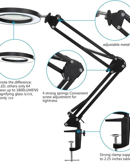 LED Magnifying Lamp with Clamp, 10X Real Glass Lens, 3 Color Modes and Stepless Dimmable Magnifier Desk Lamp,Adjustable Swivel Arm Lighted Magnifying Glass for Repair Craft Close Work-Black - LeafyLoom