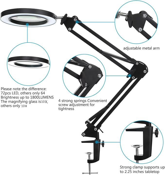 LED Magnifying Lamp with Clamp, 10X Real Glass Lens, 3 Color Modes and Stepless Dimmable Magnifier Desk Lamp,Adjustable Swivel Arm Lighted Magnifying Glass for Repair Craft Close Work-Black - LeafyLoom