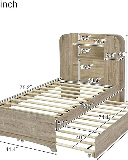Merax Twin Bed Frame with Trundle and Bookcase Headboard,Kids Wood Platform Bed with Pull Out Bed and Light Strip in Headboard - LeafyLoom