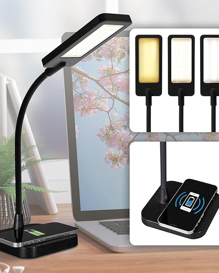 OttLite ClearSun LED Desk Lamp with Wireless Charging - 3 Color Temperature Modes, Flexible Gooseneck - Task Lamp for Home, Reading, Office & College Dorms - LeafyLoom