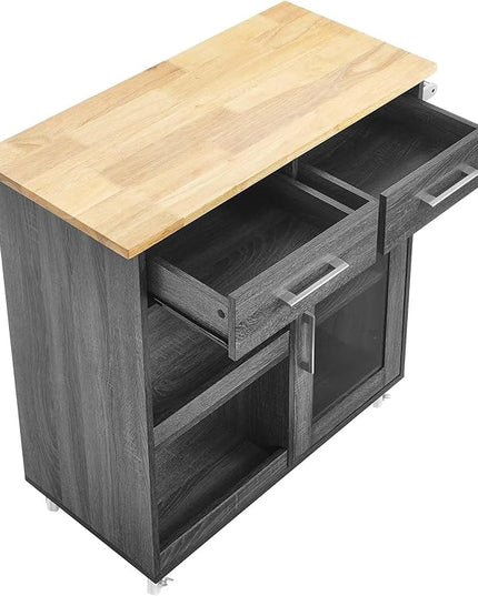Modway Culinary Rolling Kitchen Cart with Storage in Charcoal Natural - 3 Tiers Kitchen Island on Wheels with Towel Bar, Functional as a Coffee Station, Bar Cabinet or Butcher Block Island - LeafyLoom