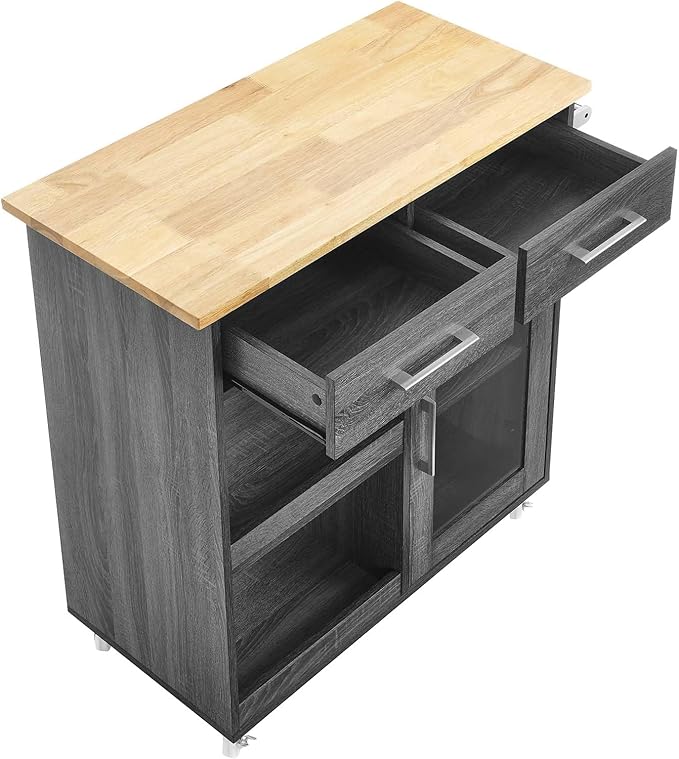 Modway Culinary Rolling Kitchen Cart with Storage in Charcoal Natural - 3 Tiers Kitchen Island on Wheels with Towel Bar, Functional as a Coffee Station, Bar Cabinet or Butcher Block Island - LeafyLoom