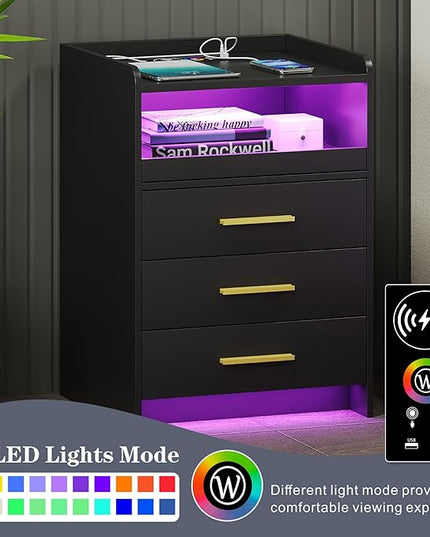 RGB Nightstand-Bedside-End-Table with USB &Wireless Charging Station: Smart Nightstand for Sofa Table with Human-Body Inductions, Modern Bedroom Furniture with Drawers for Living Room, Black - LeafyLoom