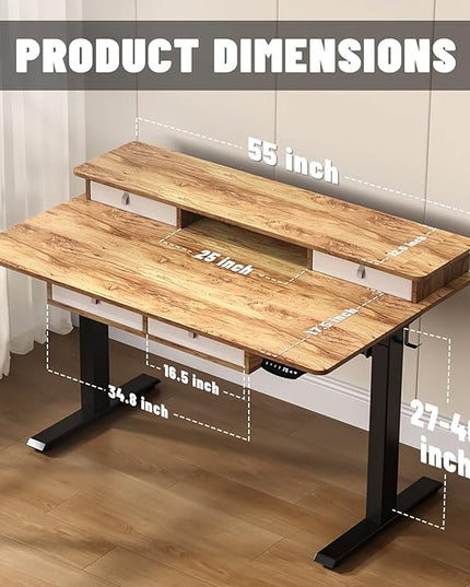 55 * 30 Inches Electric Standing Widened Desk Adjustable Height with 4 Drawers, Double Storage Shelves Stand Up Desk, Home Office Workstation Sit Stand up Desk (Light Rustic Brown) - LeafyLoom