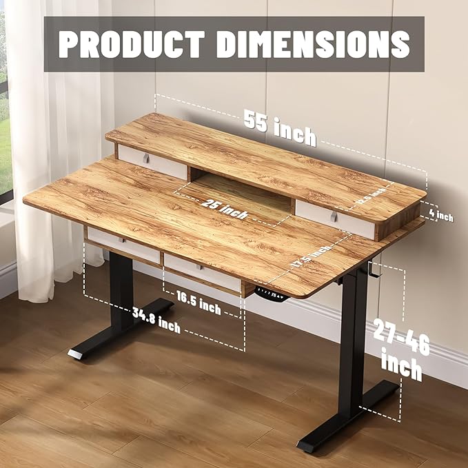 55 * 30 Inches Electric Standing Widened Desk Adjustable Height with 4 Drawers, Double Storage Shelves Stand Up Desk, Home Office Workstation Sit Stand up Desk (Light Rustic Brown) - LeafyLoom