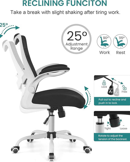 Office Chair, Ergonomic Desk Chair with Adjustable Lumbar Support and Flip up Armrest, Breathable Mesh Computer Chair for Home Office, White - LeafyLoom